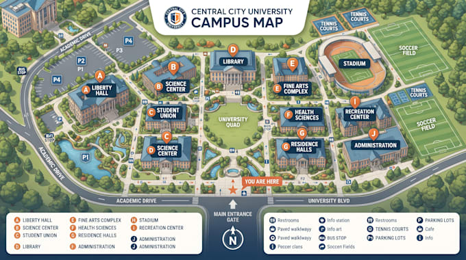 design custom wayfinding map campus, stadium, interactive facility, hospital map