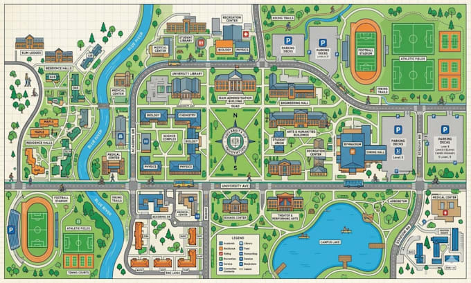 create vector campus map, school map, university map and wayfinding