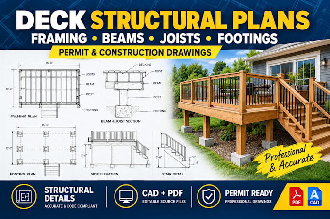 design deck structural plans, framing, beams, joists and footings