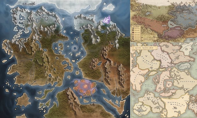 design detailed fantasy map, world map, regional map, dnd boardgame map design