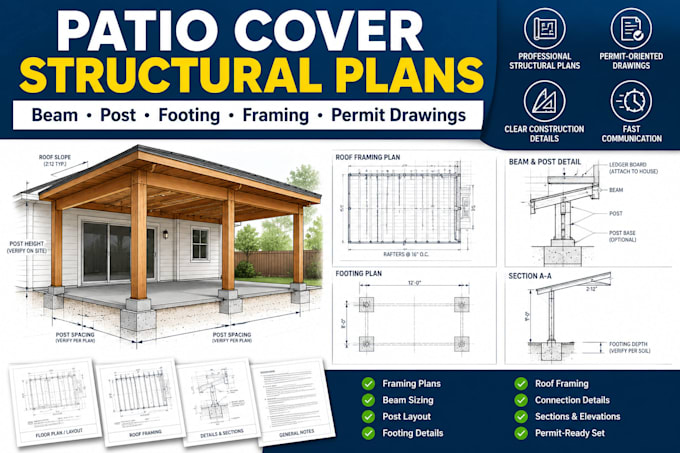 design patio cover structural plans, permit drawings, beam post footing