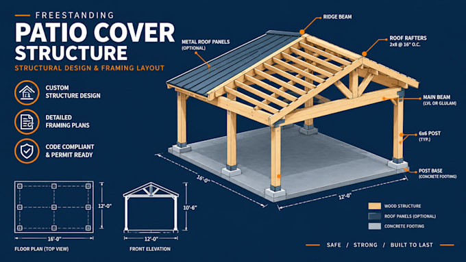 design patio cover structural plans, permit drawings, beam post footing