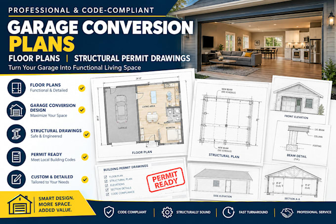 design garage conversion plans, floor plans, structural permit