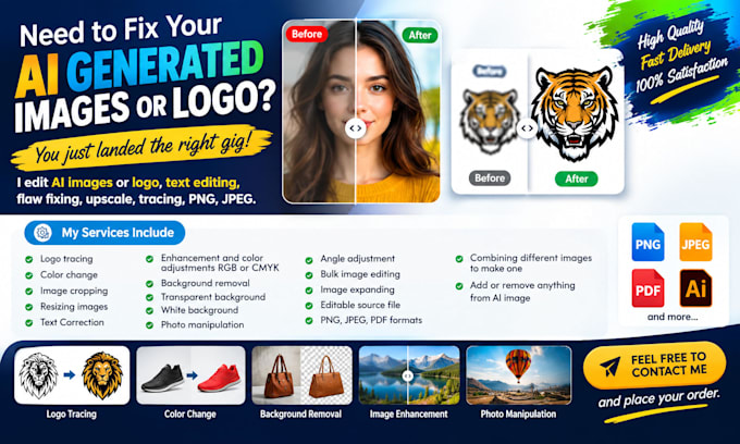 edit ai image and logo, text editing, flaw fixing, upscale, tracing, png, jpeg
