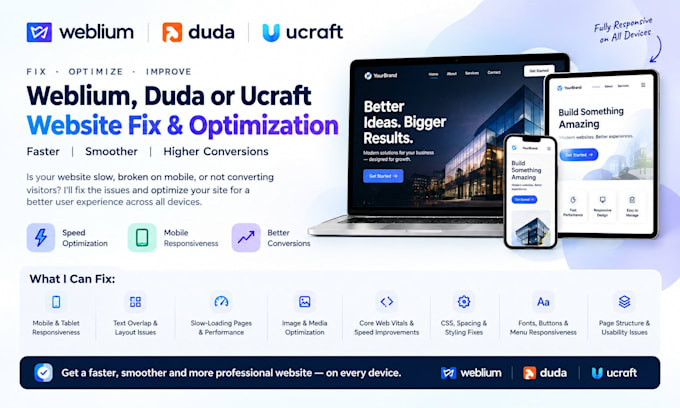 fix mobile responsiveness and speed issues on weblium duda ucraft website