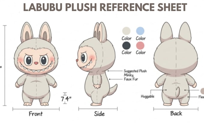 create custom plushie reference sheet for stuffed animal character ych