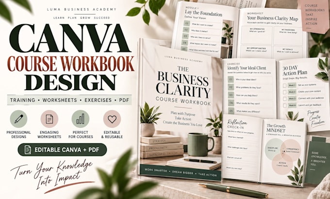 design canva course workbook, training workbook, workbook pdf, and worksheets
