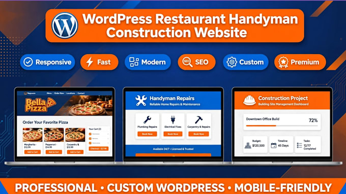 design restaurants website, handyman website, construction website in wordpress