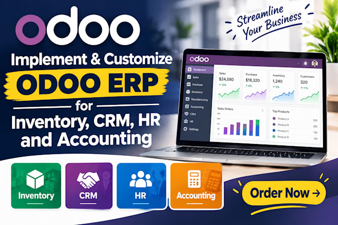 implement and customize odoo erp for inventory, CRM, HR and accounting