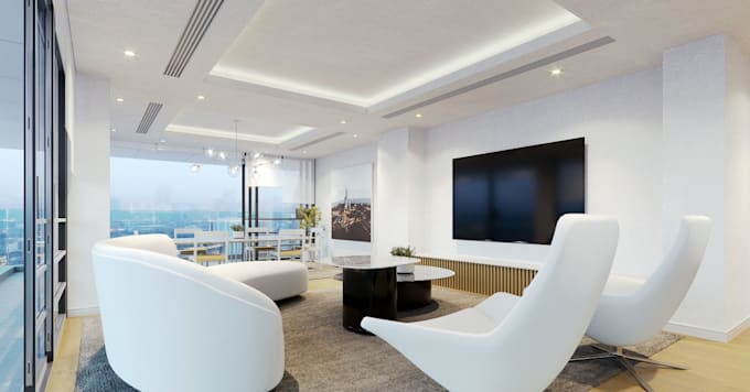 complete penthouse apartment 3d render, on suite bedroom cgi,dining area,kitchen