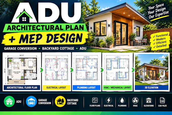 design adu architectural plans, mep, garage conversion and backyard cottage