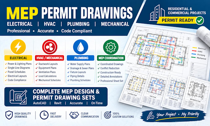 do electrical, hvac, plumbing design, and mep permit drawing