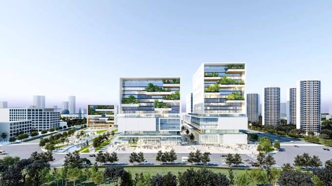 visualize 3d mixed use commercial complex, urban office building, high rise cgi