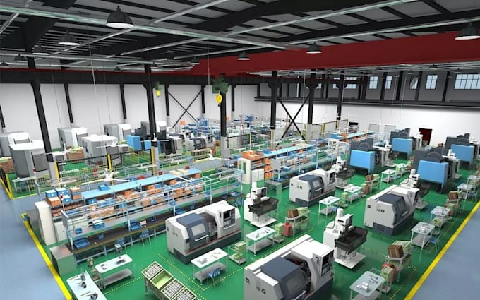 revamp3d factory layout,industrial warehouse interior,manufacturing plant render