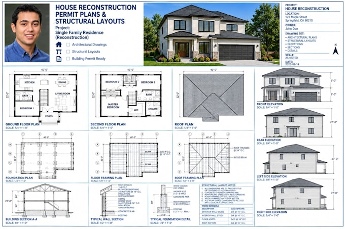 design house reconstruction permit plans and structural layouts
