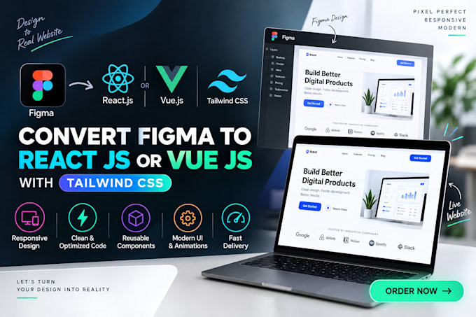convert figma to react js vue js with tailwind css