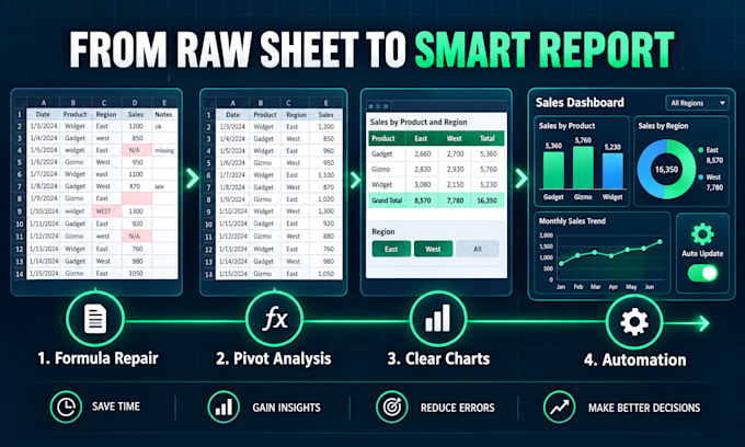 fix excel formulas and create pivot tables and charts