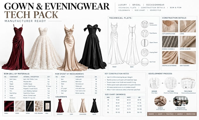 develop a manufacturer ready gown, evening and bridal wear tech pack