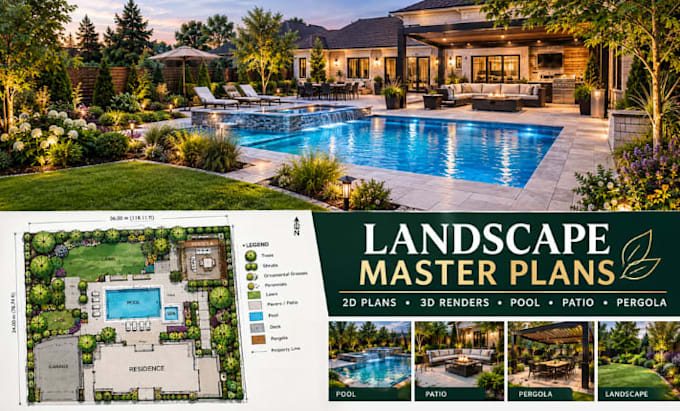 design 2d landscape master plans, 3d rendering, pool, patio and pergola