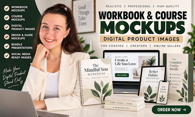 design realistic workbook mockups, coursemockups, digital product images