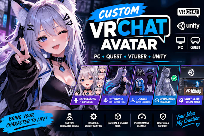 custom vrchat avatar, unity setup, PC quest optimization, rigging and physbones