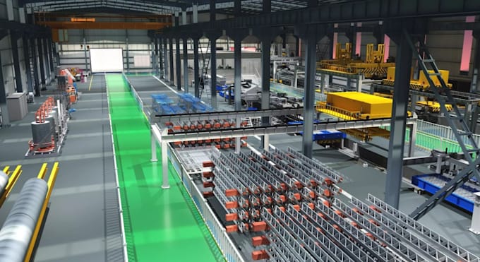 modernize 3d manufacturing industry, industrial factory render,logistic hub cgi