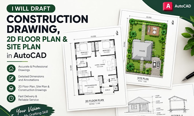 draft construction drawing, 2d floor plan and site plan in autocad