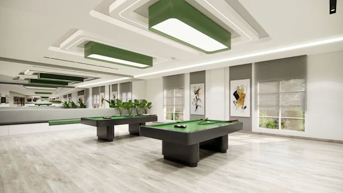 layout 3d minimalist game room,billiard pool table,interior furniture,cgi render