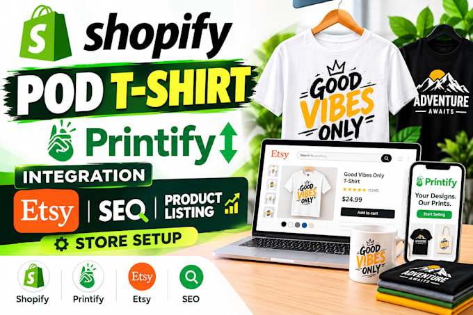 shopify pod t shirt printify integration etsy SEO product listing store setup