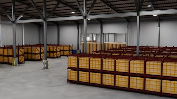 3d industrial warehouse,interior factory,concrete floor,storage facility render
