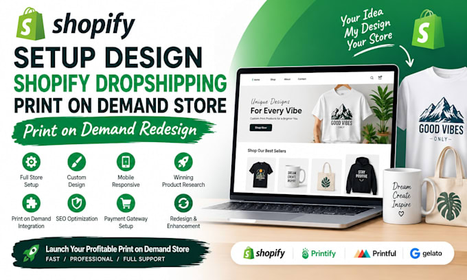 setup design shopify dropshipping print on demand store print on demand redesign