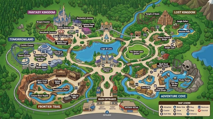 design custom amusement park map, theme park map, tourist and visitor guide map