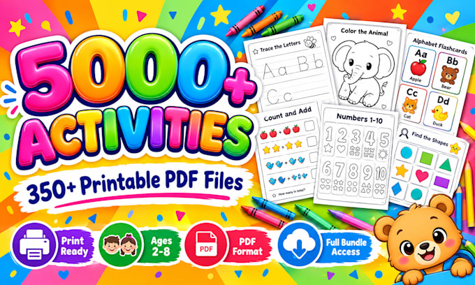 provide kids worksheets, printable activities PDF bundle
