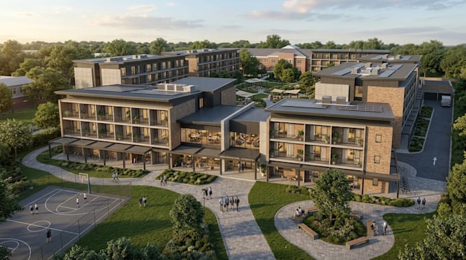 design 3d modern school dormitory, student residence, student housing