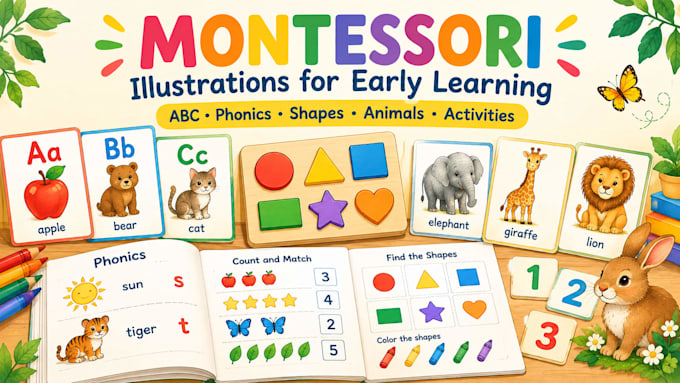 create montessori illustrations abc, shapes, animals, phonics, kids activities