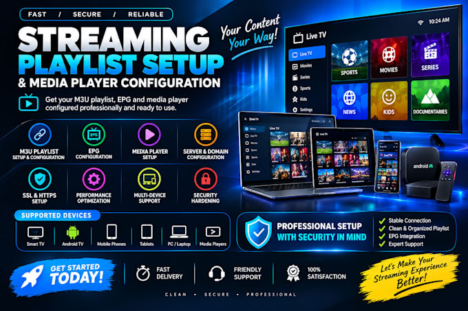 setup restream, m3u playlist, live TV app and 8k streaming server