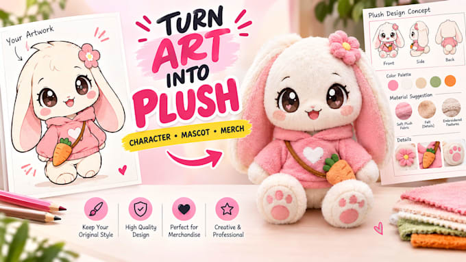 turn your artwork, mascot or character into a custom plush design