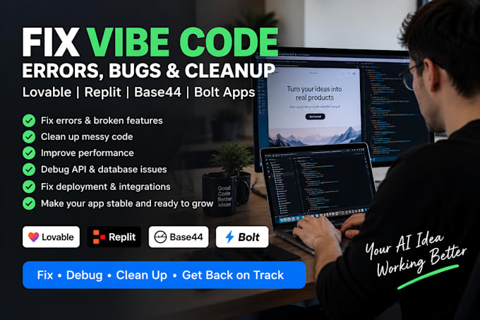 fix vibe code errors, cleanup lovable ai website, debug claude code base44 app
