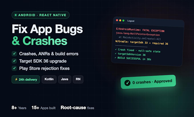 fix android and react native app bugs, crashes and update target sdk