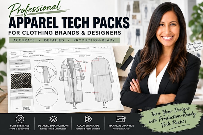 create professional apparel tech packs for clothing brands and designers