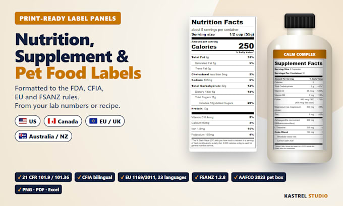 create fda, cfia, eu and fsanz nutrition facts or supplement facts labels