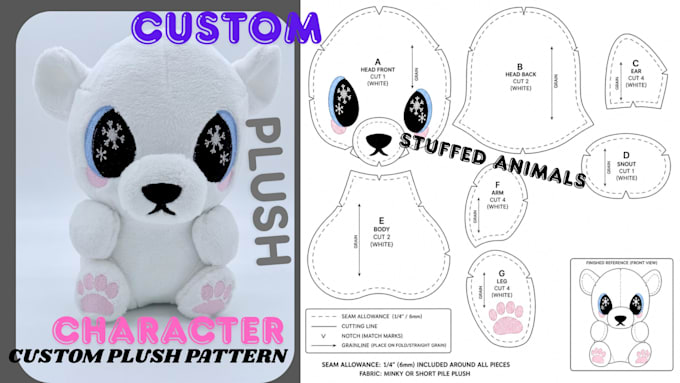 create sewing pattern for custom plush toy tech pack for clothing stuffed animal