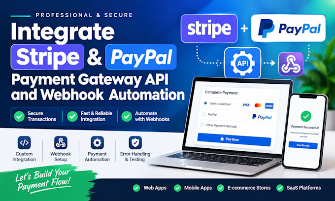 integrate stripe paypal payment gateway api and webhook automation