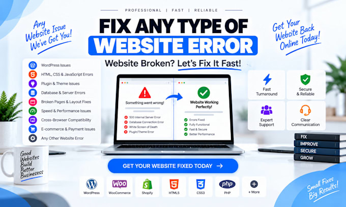 fix website bugs errors issues in wordpress html css javascript php any website