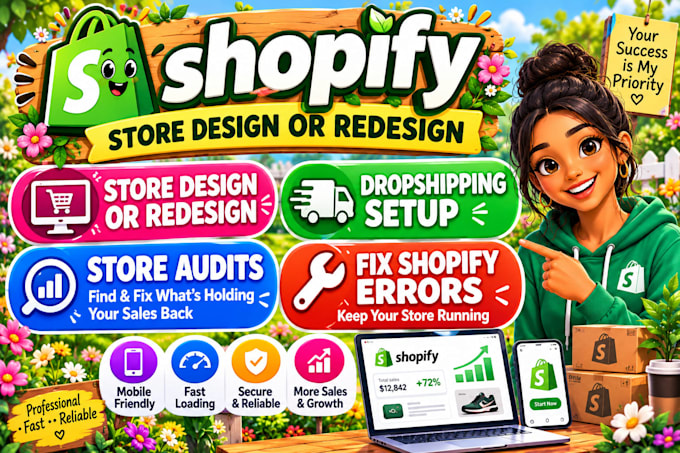 shopify store design or redesign, dropshipping, audits, fix shopify store errors