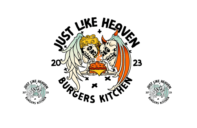 design a playful angel and devil burger logo