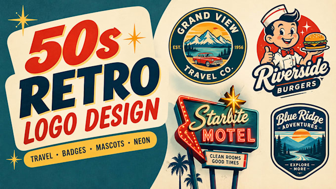 design 50s style retro travel logo, neon sign, vintage badge and retro mascot