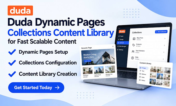 set up duda dynamic pages collections content library for fast scalable content
