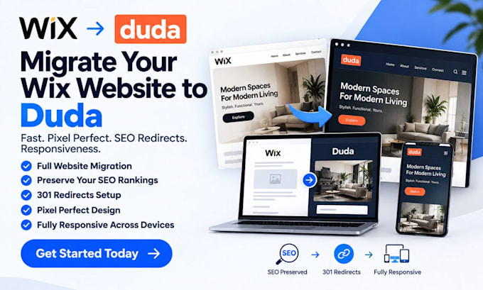 migrate your wix website to duda fast pixel perfect SEO redirects responsiveness
