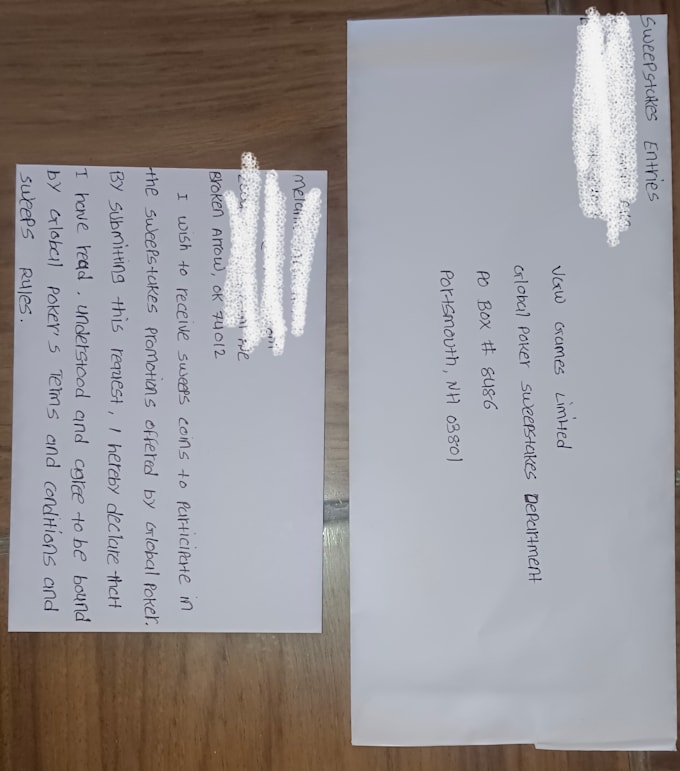 handwrite sweepstakes cards and envelopes for amoe entry